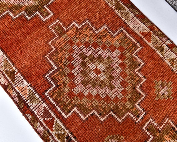 3x12 Red and Orange Herki Runner Rug, 3x12 Herki Runner, 3x12 Rug, Long Handmade Wool Rug, 3x12 Runner Rug, 3x12 Vintage Runner, Antique 57s