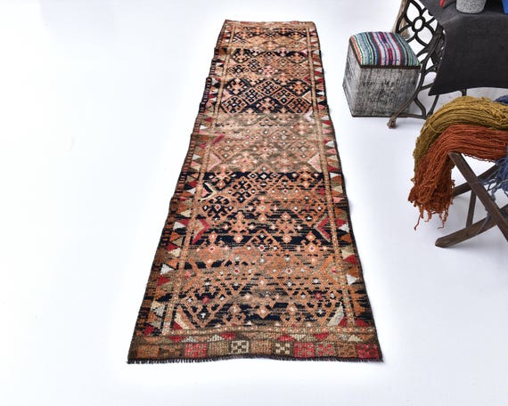 3x11 Navy Blue & Orange Turkish Runner Rug,Turkish Runner  Rug Long Handmade Wool Rug 3x11 Runner Rug 3x11 Herki Runner Antique