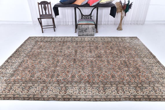 7x10 Brown Bronze Vintage Rug, 7x10 Oversize Vintage Rug, Large Area Rug, 7x10 Rug Handmade Wool Rug Floral, 7x10 Area Rug, 7x10 Vintage Rug