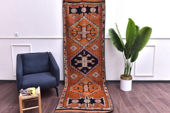 3x10 Vintage Handmade Copper Runner Rug, Soft Wool Rug, Hallway Kitchen Runner Rug, Copper Navy Blue Color