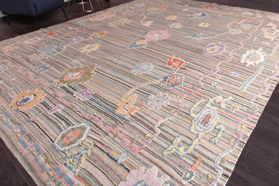 10x14 Vintage Rare Turkish Oushak Area Rug, 10x14 Handmade Special Weave, Wool Jute Material, Rainbow Color, Ethnic Pattern, 10x14 Area Rug