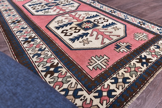 5x8 Vintage Turkish Accent Rug, 5x8 Handmade Wool Rug, Peach Blue  Color, 5x8 Geometric Medallion Design, Area rugs, Living Room Rug,