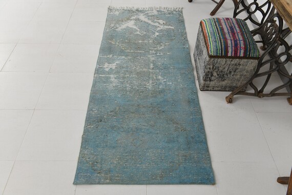 3x7 Runner Rug, Vintage Runner 3x7, 3x7 DISTRESSED VINTAGE RUNNER Rug, 3x7 Oushak Handmade Rug Shade Of Dirty Blue Rugs For Kitchen Hallway