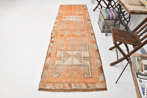 3x10 Runner Rug, Vintage Herki, 3x10 VINTAGE HERKI RUNNER Rug, 3x9, Herki Runner Rug, Shades Of Orange, Oushak Handmade Rug, Hallway Hall