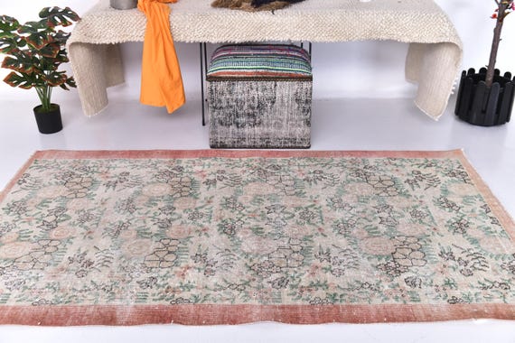 4x6 Vintage Floralc Area Rug, 4x6 Distressed Floral Persian Style Carpet, 4x6 Beige Cream Living Room Bedroom Decor, 4x6 Botanical Design