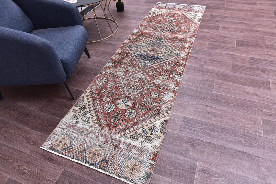 2x9 Faded Vintage Runner Rug, Red Blue Color, Handmade Wool Rug, 2x9 ...