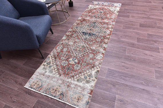 2x9 Faded Vintage Runner Rug, Red Blue Color, Handmade Wool Rug, 2x9 Floral Hallway Rug, 2x9 Kithcen Runner Rug, 2x9 Area Rug