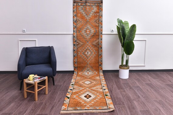 2x12 Vintage Amber Hallway Rug, Turkish Handmade Wool Kithcen Rug,