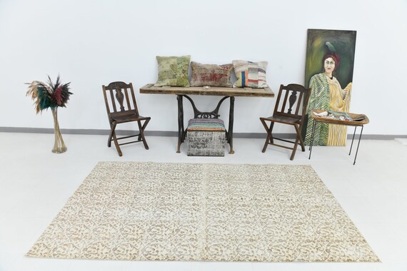 5x8 Area Rug, 5x8 Faded Vintage, 5x8 FLORAL TURKISH VINTAGE Rug, 5x8, Turkey Handmade Oushak, 5x8 Rugs, Brown & Beige Vintage Rug, Antique