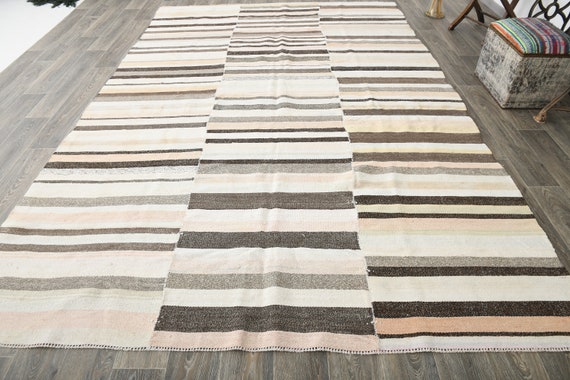7x12 Modern Striped Hemp Rug, Oversized Hemp Rug, Large Area Rug, 7x12 Rug, Cream & Brown Hemp Rug, Thick Striped Style, Rug For Farmhouse