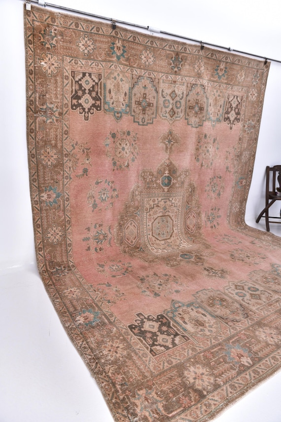10x13 Oversize Antique Persian Rug, Handmade Luxury Rug, 10x13 Antique Rug, 10x13 Area Rug, Living Room Rug, Peach Brown Blue Color Rug