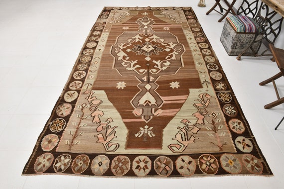 6x12 Area Rug, 6x12 Oversized Kilim, 6x12 TURKISH VINTAGE KILIM Rug, 6x12, Shades Of Brown Beige Kilim, Wool Handwoven Turkey, Rug For Entry