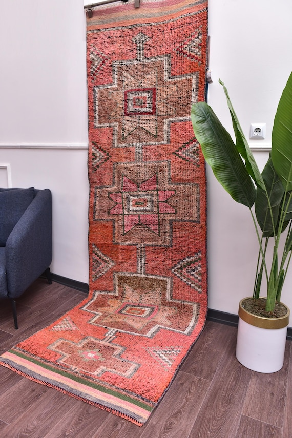 3x9 Vintage Faded Peach Runner Rug, Peach Color, Hallway Kithcen Runner, Traditional Pattern, Soft Wool Anatolian Rug