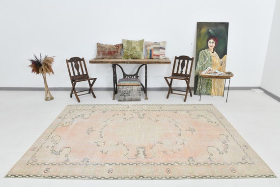 6x9 Rugs, 6x9 Faded Vintage, 6x9 Distressed Vintage Turkish Rug, 6x9, Oushak Handmade Rug, 6x9 Turkish Rug, Beige & Brown Rug, Antique 55s