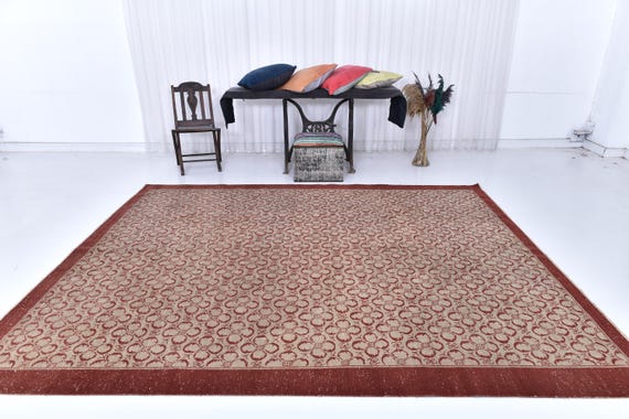Antique Vintage Turkish Rug, 7x10 Salmon & Red Color Rug, Handmade Soft Wool Rug, 7x11 Aesthetic Rug, Rug for Living Room, Antique Rug 57's
