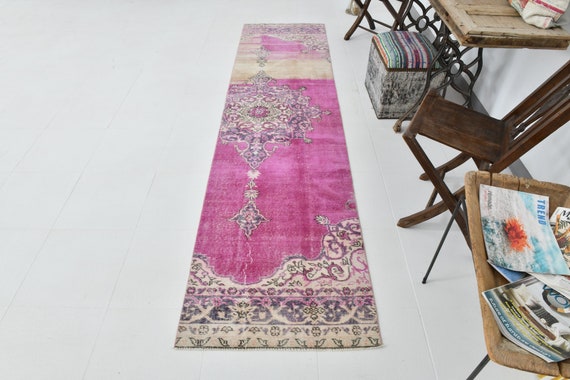 2x10 Rugs, 2x10 PINK VINTAGE RUNNER Rug, 2x10, Pink Vintage Runner, Handmade Wool Oushak, 2x10 Runner Rug, Magenta Pink Runner, Rug For Hall