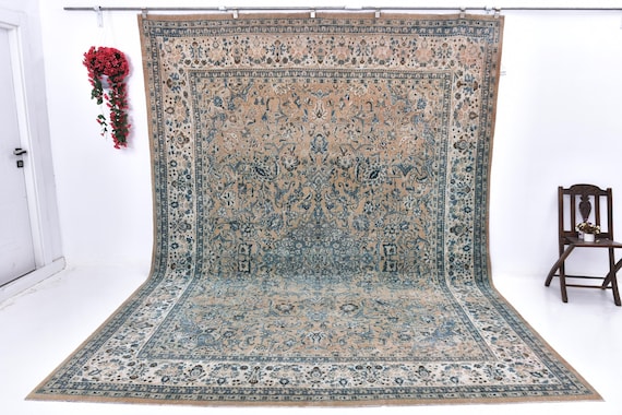 9x13 Vlntage Old Persian Rug, Blue and Peach Persian Rug, Rug Large Area Rug, Handmade Wool Rug 9x13 Vintage Rug Living Room Rug Antique