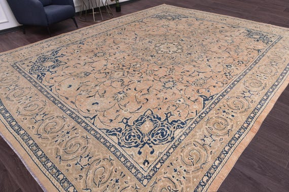 9x13 Antique Persian Area Rug, 9x13 Salmon Blue Brown Color, Oriental Rug, 9x13 Living Room Decor, 9x13 Oversize Rug, Handmade Wool Rug