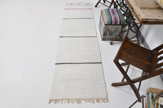 2x8 Runner Rug, 2x8 Turkish Runner, 2x8 HEMP TURKISH RUNNER Rug, 2x8, Pure Handmade Hemp, White Ivory Runner, Rug For Hallway, Antique 60s