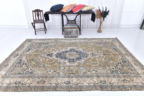 7x10 Area Rug, 7x10 Oversize Vintage Oushak Rug, Oversize Rug, Large Area Rug, Handmade Vintage Rug, 7x10 Muted Colored, Faded Yellow Blue,