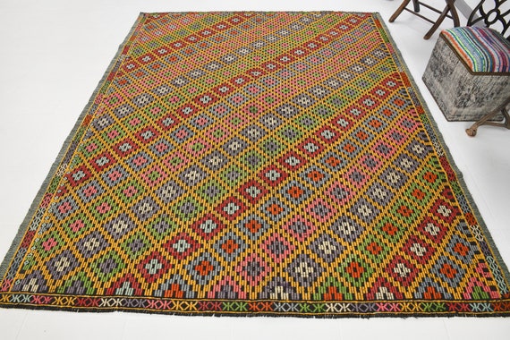 7x8 Vintage Kilim Rug, 7x8 Wool Jute Kilim Rug, Traditional Wool Rug, 7x8 Green Red Color Kilim Rug, 7x8 Kilim Rug