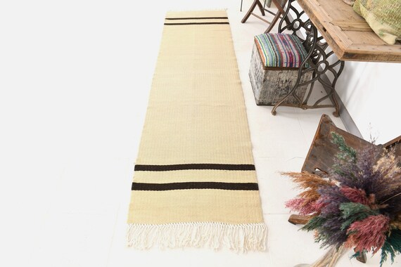2x9 Cream Black Hemp Runner Rug, 2x9 Hemp Runner, 2x9 Rug, Aesthetic Handmade Hemp, Vintage Runner 2x9, Narrow Hallway, Rug For Kitchen