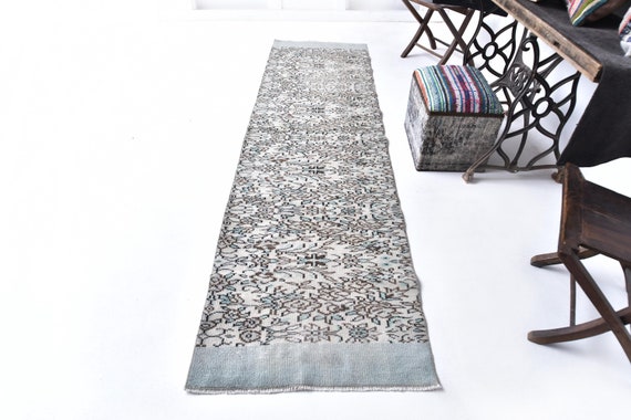 3x9 Light Green Blue Turkish Runner Rug - 3x9 Turkish Runner - Short Handmade Wool Rug - 3x9 Rugs - Retro Style - Turkish Runner 3x9 - 58s