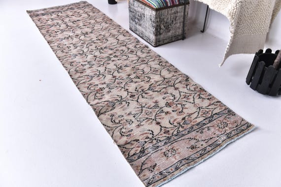 2x9 Vintage Runner Rug, 2x9 Floral Runner Rug, Handmade Wool Rug, 2x9 Area Rug, Pink Green Color Rug, Hallway Rug, Doorway Rug,