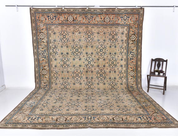 10x13 Earthly Blue Persian Rug, 10x13 Oversize Persian Rug, Large Area Rug, 10x13 Rug, Wool Handmade Persian Rug, 10x13 Persian Rug, Antique