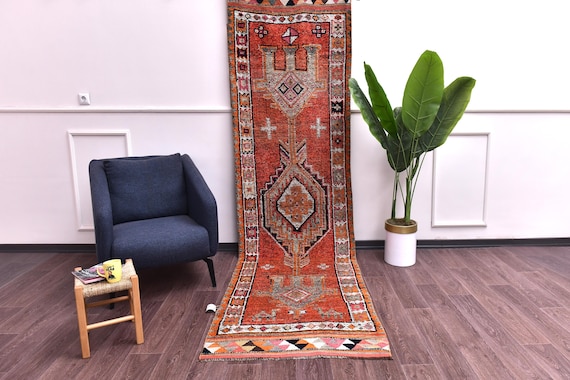 3x11 Vintage Faded Runner Rug, Handmade Soft Wool, Traditional Design, Farmhouse Decor, Burgundy Cream Color