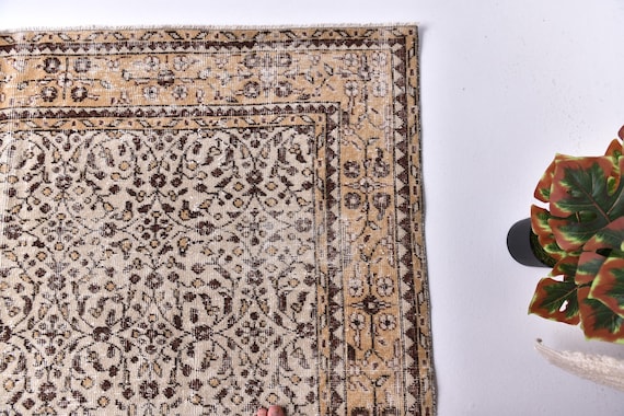 7x10 Vintage Gold Border Rug, 7x10 Gold, Beige, Brown Color, Victorian Style, Handmade Wool Rug, 7x10 Persian Rug, 7x10 Area Rug, 7x10 Rug