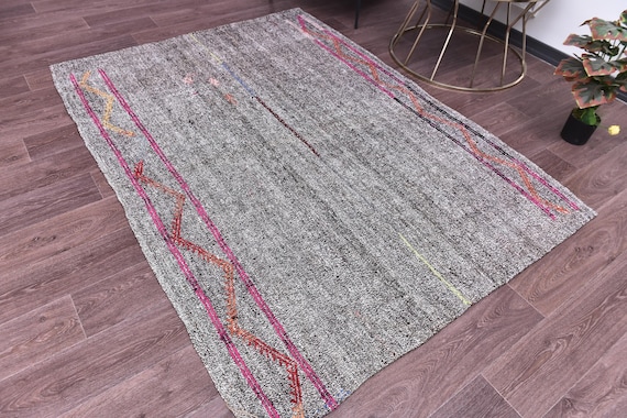 5x7 Vintage Flatweave Gray Kilim Rug, Gray Color, 5x7 Handmade Wool Jute Rug, 5x7 Living Room Bedroom Rug, Tribal Kilim Rug Farmhouse Rug