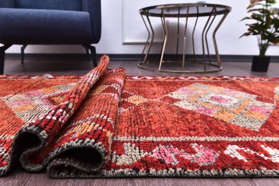 3x10 Vintage Rich Red Runnner Rug, 3x10 Handmade Wool, 3x10 Geometric Medallion Runner, Rich Red Color, Distressed Runner Rug, Soft Wool Rug