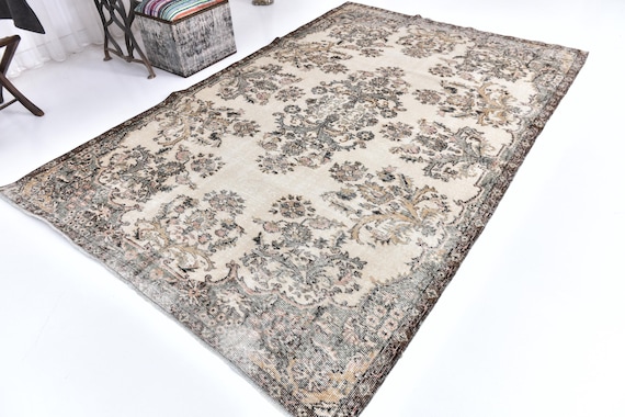 6x9 Vintage Turkish Floral Rug, Brown Green Cream Color, 6x9 Medallion Design, 6x9 Handamde Wool Rug, 6x9 Traditional Rug, Floral Rug 6x9,