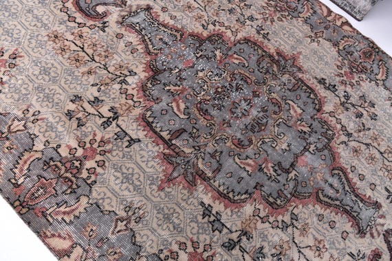 5x9 Vintage Elegant Faded Rug, Handmade Area Rug, Gray Beige Pink Color, 5x9 Living Room Bedroom Rug, 5x9 Area Rug, Medallion Rug, 5x9 Rug