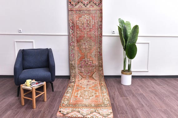 3x11 Vintage Peach Wool Runner Rug, Handmade Soft Wool, Traditional Design, Farmhouse Decor, Peach Brown Color