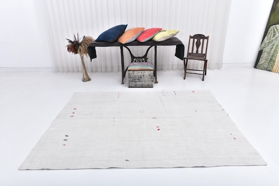 6x7 Shades Of White & Beige Area Rug, 6x7 Hemp Rug, 6x7 Turkish Vintage Hemp Rug, 6x7, Neutral Handmade Hemp Rug, 6x7 Rugs, Anatolian 60's