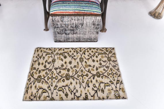 Antique Vintage Turkish Rug, 2x3 Green and Beige Accent Rug, 2x3 Small Doormat, 2x3 Floral Design Anatolian Rug, Handmade Soft Wool Rugs,