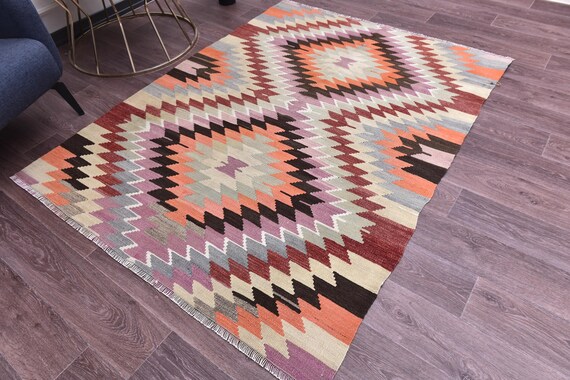 5x6 Vintage Turkish Kilim Rug, Purple Orange Color, 5x6 Handmade Wool Jute Rug, 5x6 Turkish Accent Rug, Traditional Home Decor, Geometric