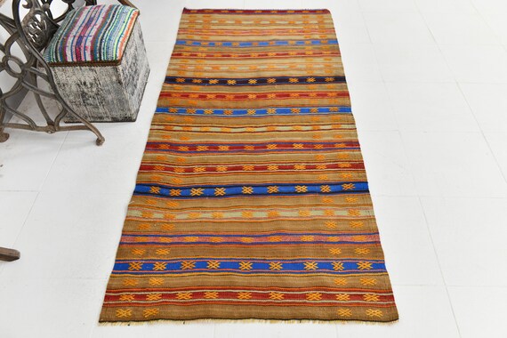 3x7 Area Rug, 3x7 CLASSIC STRIPED KILIM Rug, 3x7 Turkish Kilim Rug, 3x7, Pastel Bold Color Kilim, 3' x 7' Area Rug, Wool Handmade Kilim, 60s