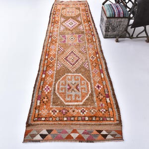 3x11 Copper Turkish Vintage Runner Rug, 3x11 Vintage Runner, 3x11  Rug, Soft Handmade Wool Rug, 3x11 Turkish Runner, Red & Pink Carpet, 57s