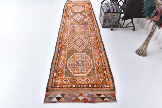 3x11 Copper Turkish Vintage Runner Rug, 3x11 Vintage Runner, 3x11  Rug, Soft Handmade Wool Rug, 3x11 Turkish Runner, Red & Pink Carpet, 57s