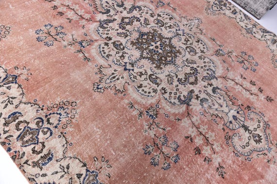 7x10 Vintage Salmon Pink Area Rug, 7x10 Large Persian Style Medallion Rug, 7x10 Distressed Faded Rug, Boho Chic Living Room Decor, Gift Rug