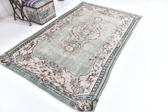 5x8 Vintage Faded Rug, 5x8 Handmade Wool Rugs, Sage Green Beige Color, 5x8 Medallion Design,  5x8 Area Rugs, Living Room Rugs, Faded Rug