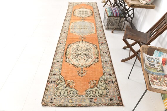 3x13 Beige & Orange Herki Runner Rug, 3x13 Herki Runner, 3x13 Runners, Oushak Handmade Rug, Geometric Hallway Decor, Rug For Bedroom 62s