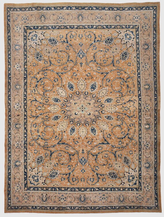 10x13 Mustard & Navy Blue Persian Rug, Oversize Persian Rug, Large Area Rug, 10x13 Rugs, Handmade Wool Rug, 10x13 Vintage Rug, Living Room