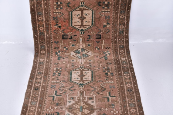 2x14 Antique Persian Heriz Runner Rug, 2x14 Red Brown Persian Runner, 2x14 Rug, Narrow Handmade Wool Rug, 2x14 Runner Rug, 2x14, Hallway