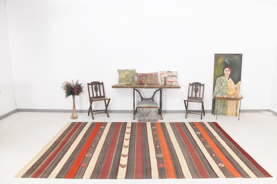 7x11 Gray Red Striped Kilim Rug, 7x11 Kilim Rug, Handmade WoolRug, 7x11 Rugs, Rugged Striped Style, Kilim Rug 7x11, Rug For Living Room, 58s
