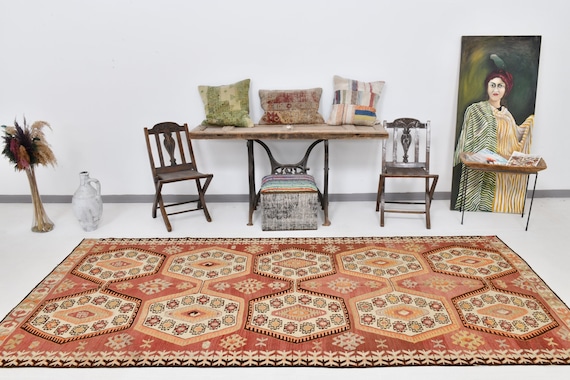 5x11 Kilim Area Rug, 5x11 Red Brown Tribal Kilim Rug, 5x11, Long Handwoven Kilim, 5x11 Rugs, Red & Brown Carpet, Rug For Hallway Decor