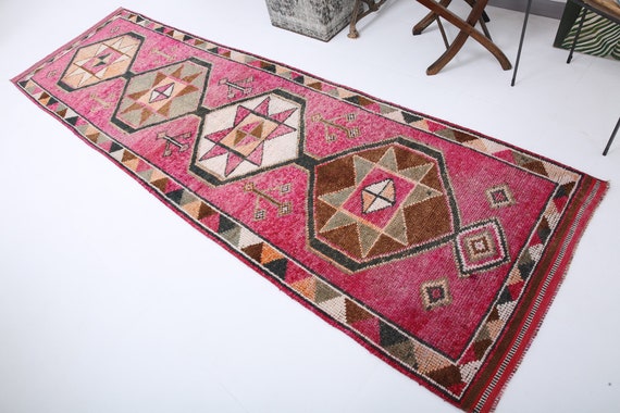3x12 Vintage Runner Rug, 3x12 Herki Runner, 3x12 Pink Turkish Vintage Runner Rug, Long Handmade Kitchen, 3x12 Rugs, Rug For Hallway